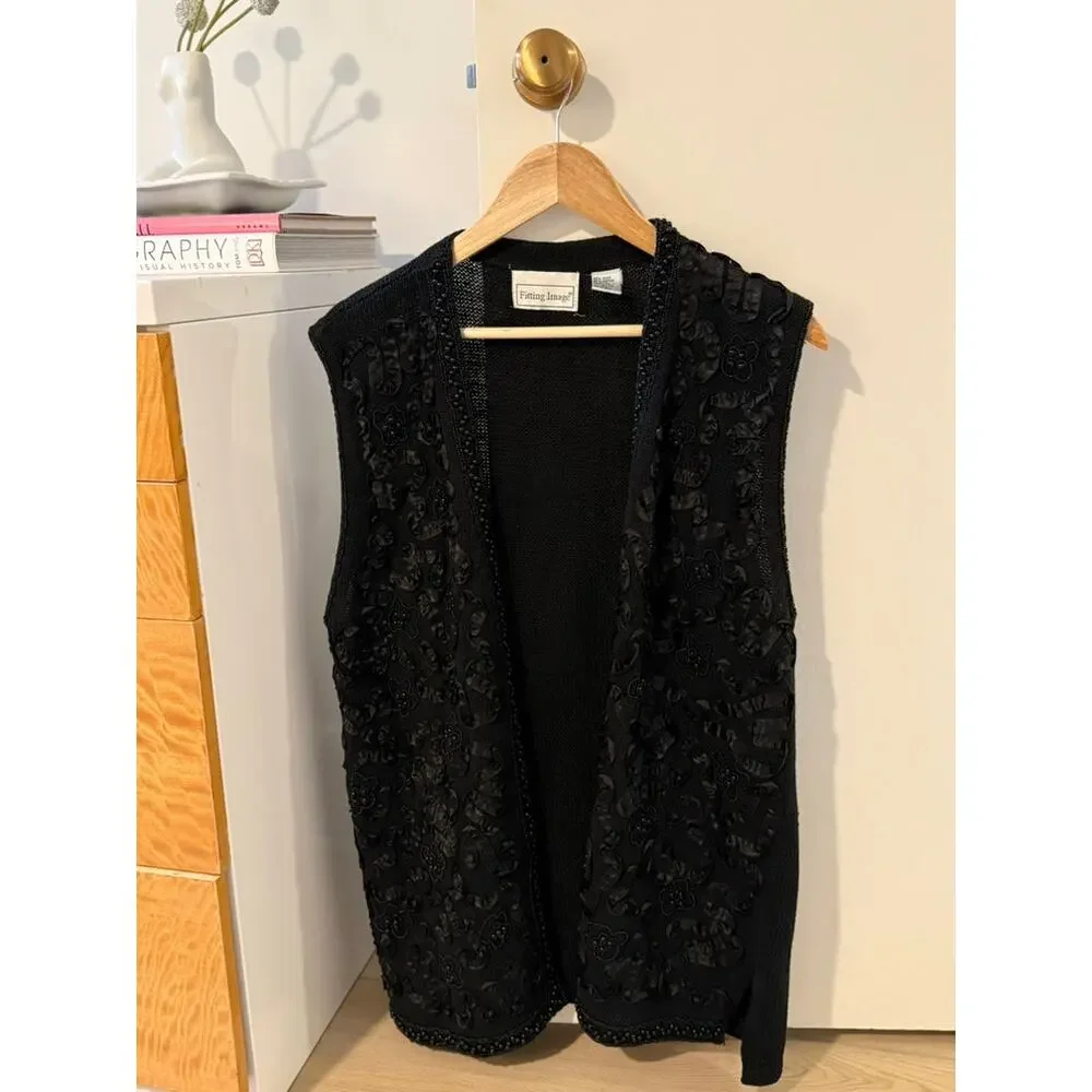 Vintage Fitting Image Black‎ Beaded Ribbon Vest Embroidered Vest Size 18/20 ✨